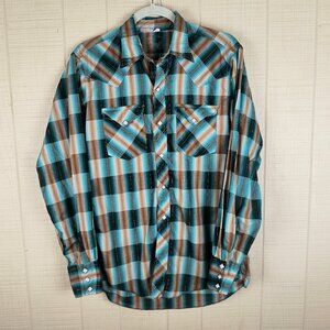 Vintage 80s Western Shirt Pearl Snap Plaid Teal Brown 15 1/2 Medium